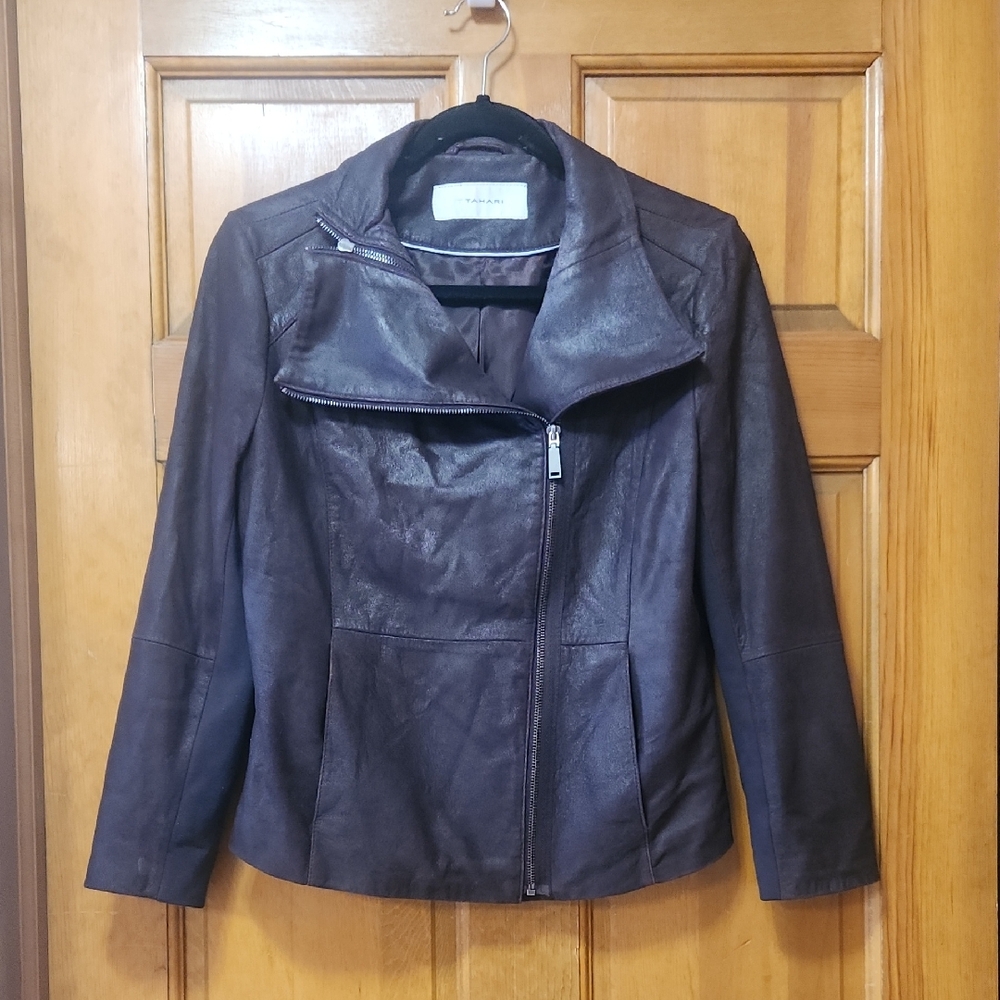 T Tahari Burgundy Mixed Media Leather Jacket, Women's Size Petite Medium, GUC